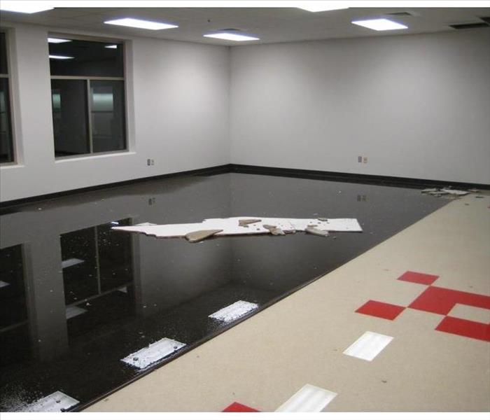 Commercial room with large pool of water after a loss.
